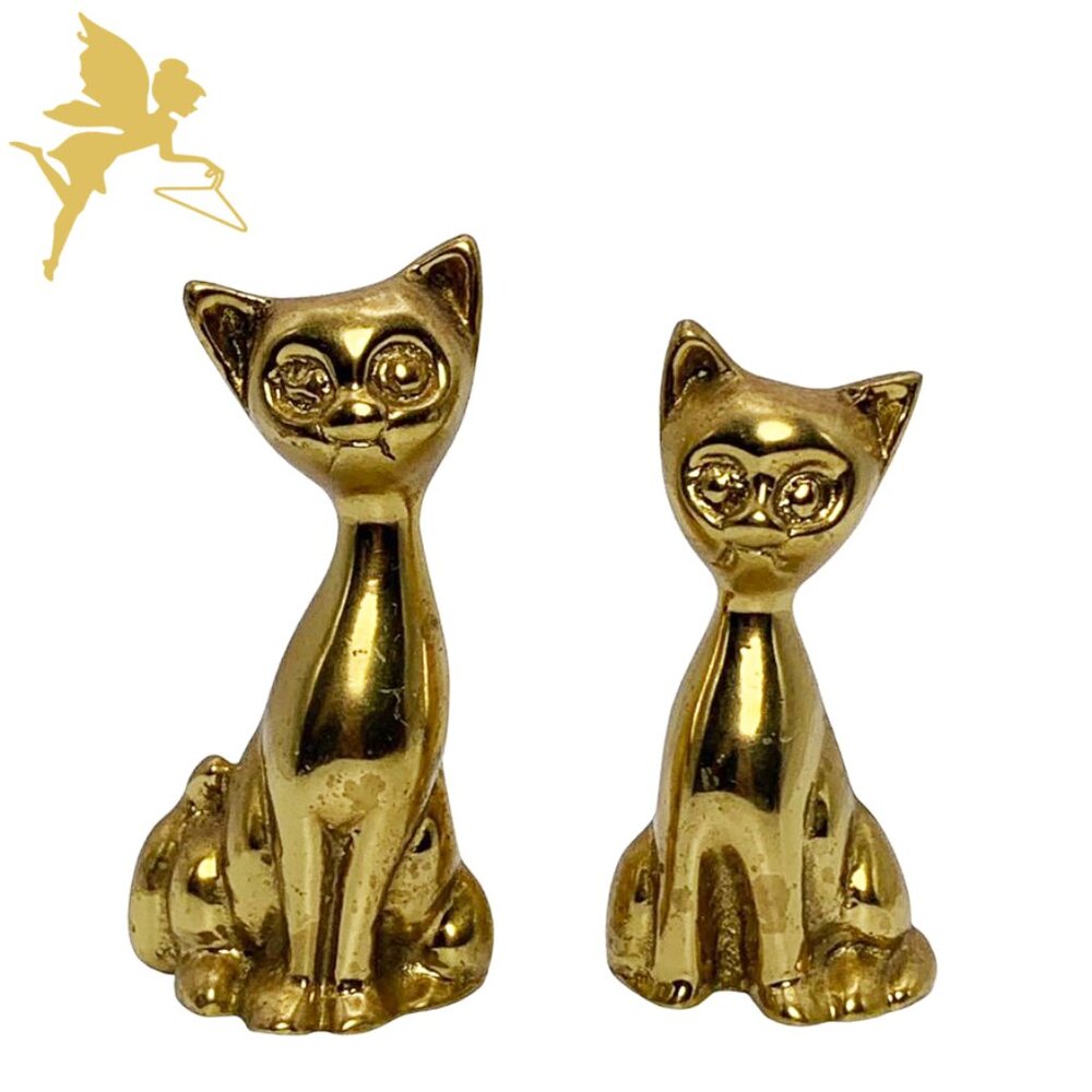 VINTAGE MCM Small Brass Happy Cat Duo